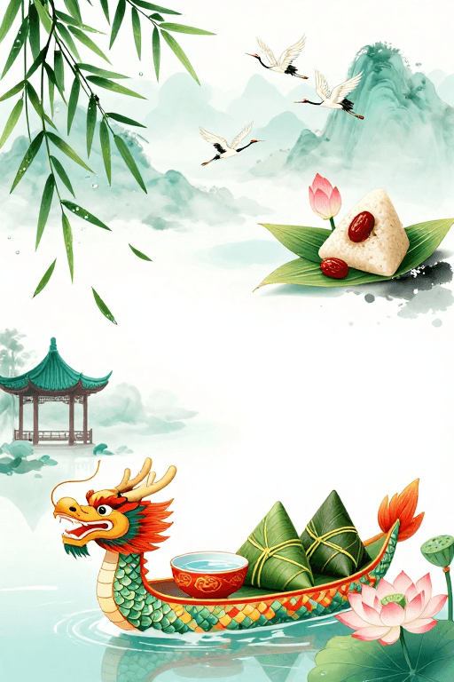 端午节素材：端午国风画卷：水墨龙舟与粽香