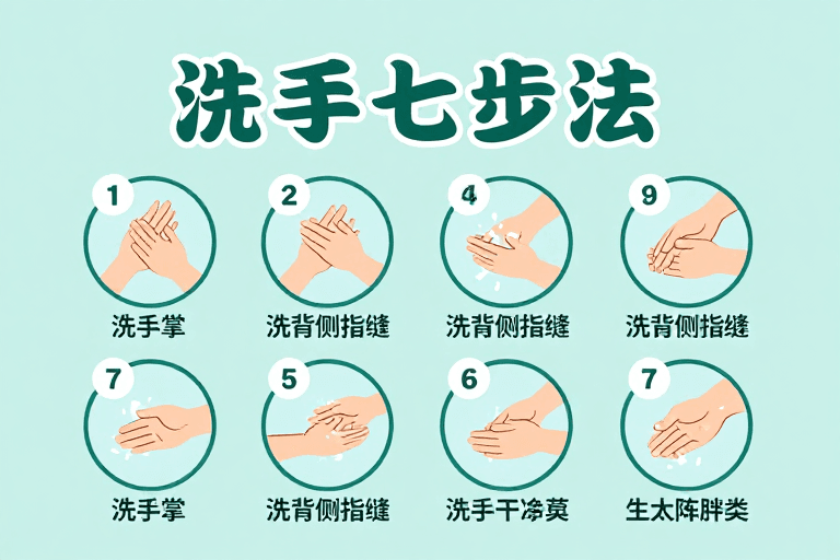 医疗海报素材：清新简约洗手七步法健康科普海报