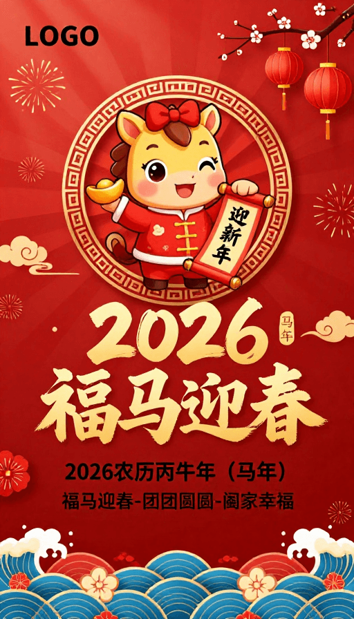文化元素素材：2026福马迎春：喜庆中国风新年插画海报