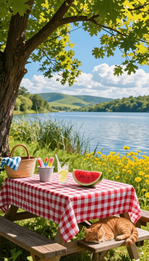 治愈系风景素材：夏日午后湖畔野餐：慵懒治愈的清新时光