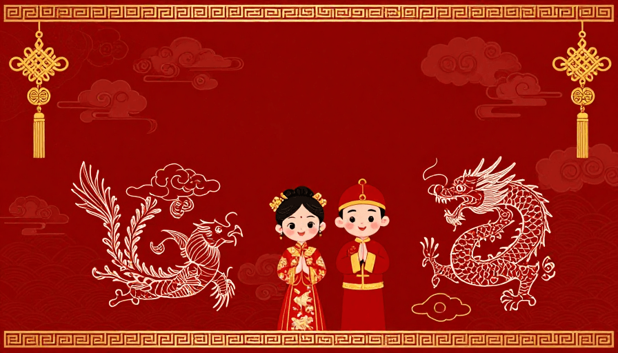 金红配色素材：红金喜嫁龙凤呈祥 中式婚礼插画背景
