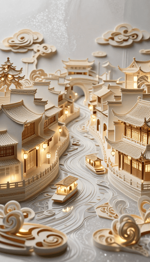 三维渲染素材：衍纸重构夫子庙：超现实秦淮秘境微景
