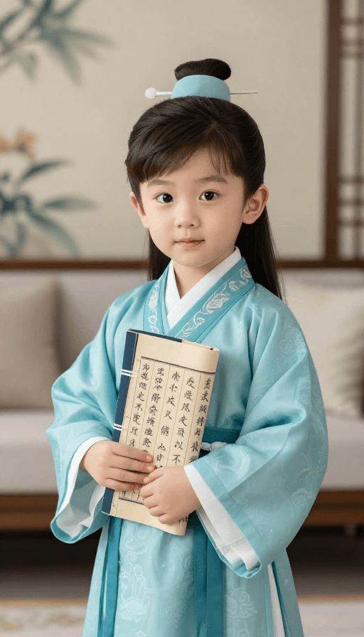 现代客厅素材：青蓝汉服古童抱诗卷，现代客厅映传统风