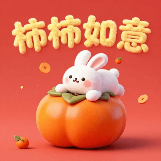 节日促销素材：C4D新年祝福：Q版萌兔抱柿，毛茸茸柿子寓意吉祥如意