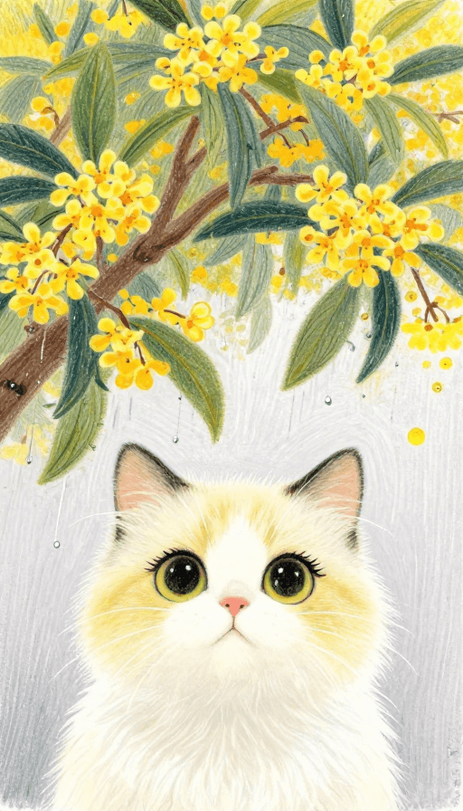 艺术排版素材：彩绘蜡笔：雨中日落金桂下萌猫探头的可爱瞬间