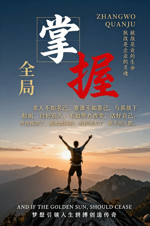 现代排版素材：深蓝金红书法·励志海报：自我掌控的力量