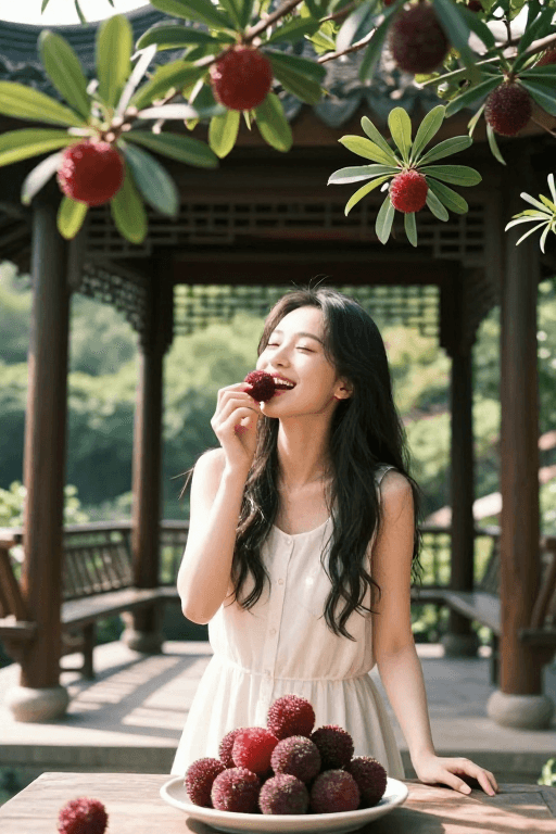 人物肖像素材：光影交错：电影风杨梅写真，代言人陶醉幸福瞬间