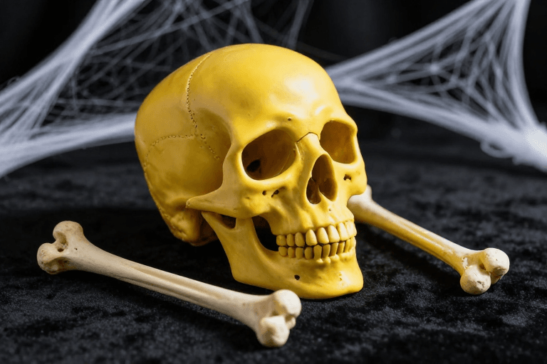 侧逆光素材：万圣惊魂：黑绒布上的黄色骷髅与骨骸光影