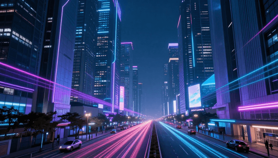 动态光轨素材：赛博朋克未来都市夜景：霓虹光影下的科技盛宴