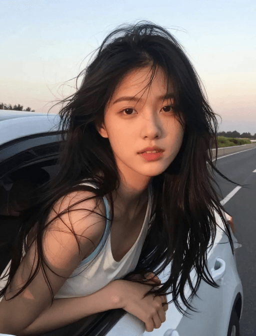 黑发飘逸素材：夏日傍晚公路驾驶，黑发轻扬的美丽瞬间