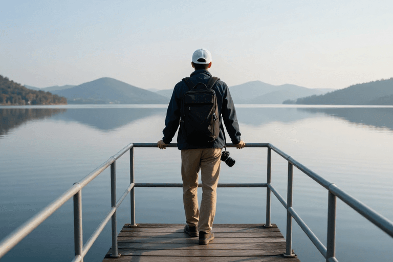 冷调摄影素材：静谧湖畔的旅行者：冷调摄影中的孤独与宁静