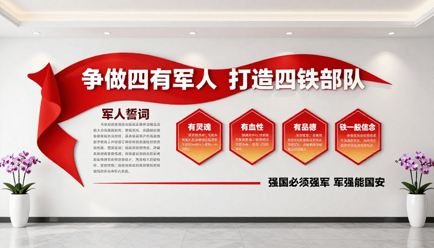 红色飘带设计素材：现代军队文化墙：红色飘带彰显奋进风貌