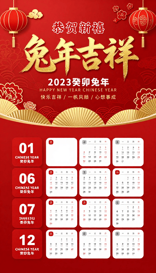 喜庆设计素材：2023兔年中国风新年日历海报