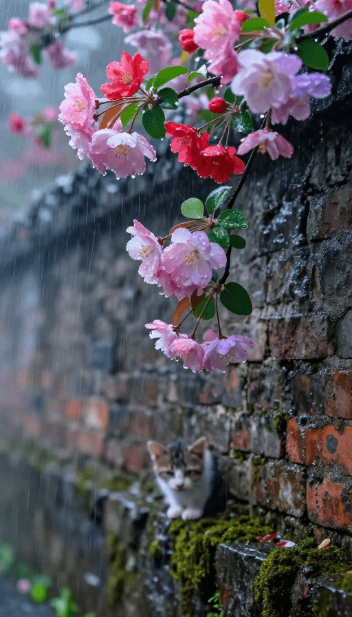 萌宠互动素材：雨后海棠花与小猫的梦幻画卷
