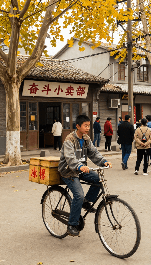 光影摄影素材：八十年代怀旧：老枫树下的奋斗小卖部与童年单车