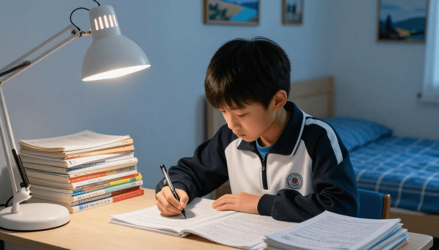 冷暖色调素材：寒窗苦读：少年专注书写点亮梦想