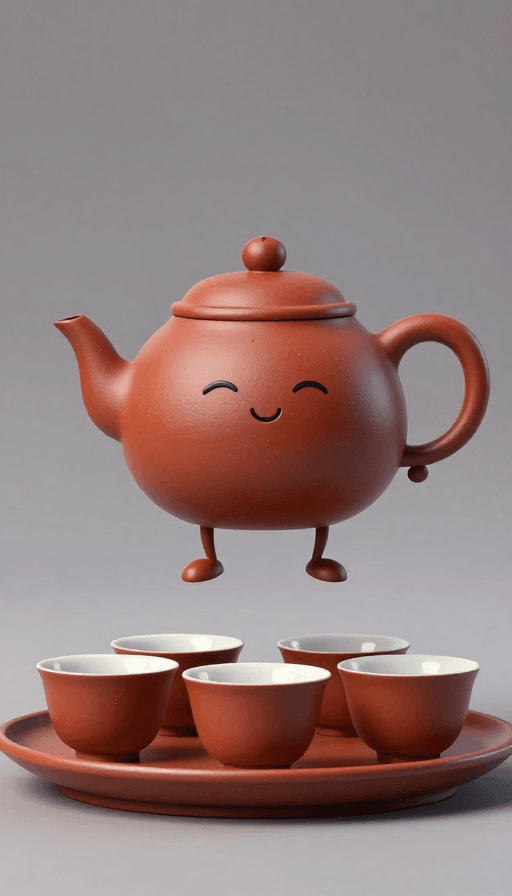 3D卡通素材：紫砂壶眨眼茶杯跳跃的3D卡通茶趣动画