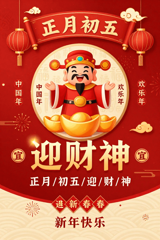 新春祝福素材：红金迎财神·新春插画海报