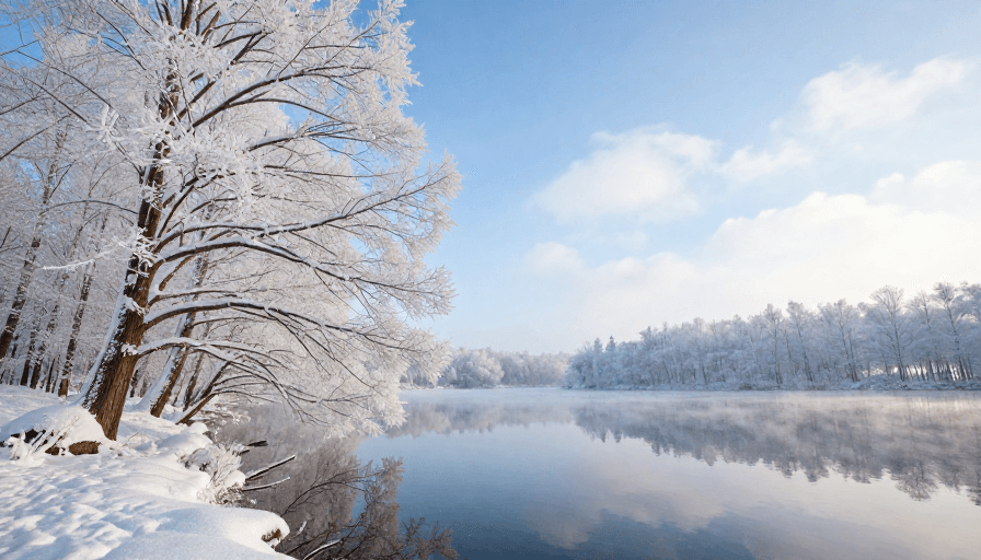 清晨光线素材：冬日静谧雪景：湖畔树影映霜镜