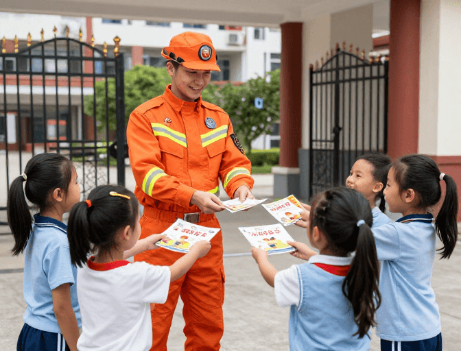 公益宣传素材：橙色守护：消防员向学子传递消防安全知识