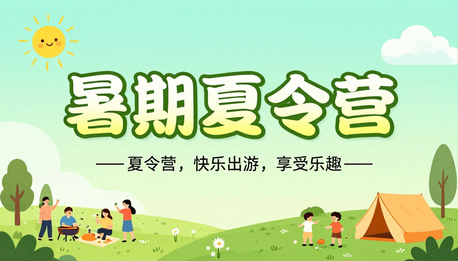 暑期夏令营素材：清新夏日夏令营插画海报：快乐出游乐趣无穷