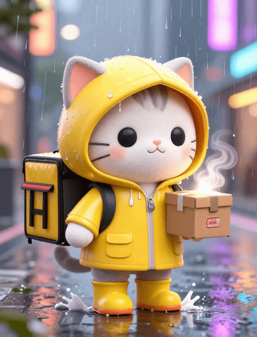 OC渲染素材：Q版外卖猫雨中暖心送达：霓虹雨夜的温暖瞬间