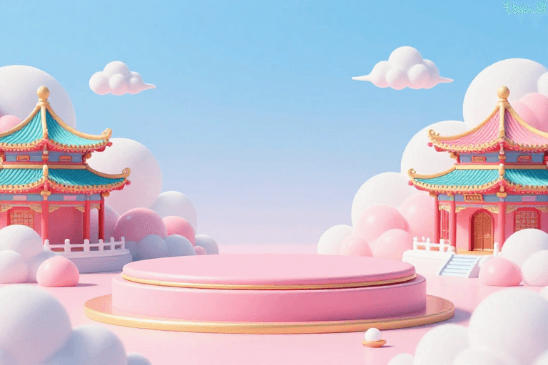七夕主题素材：七夕浪漫古风电商展台设计：粉调梦幻3D场景
