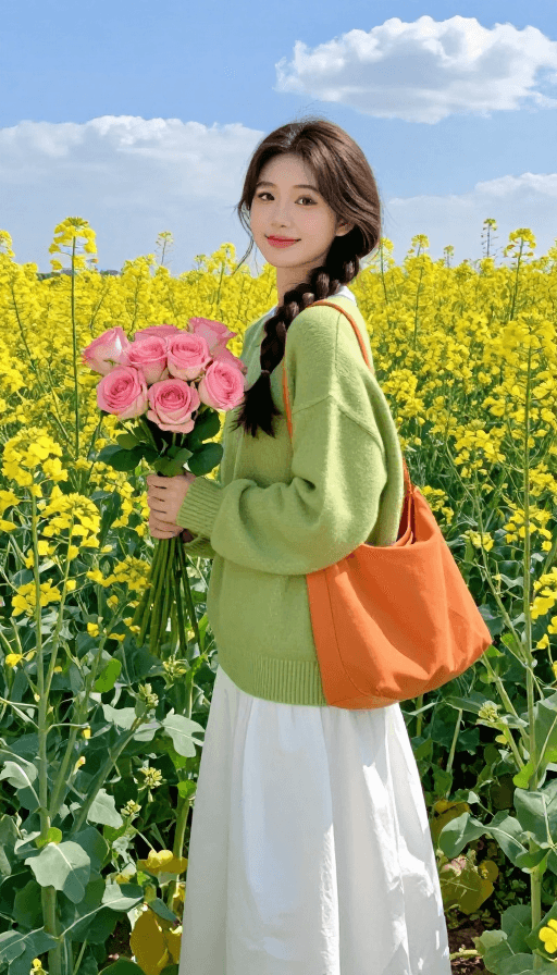 社交媒体素材素材：春日花海中的甜美少女：清新自然与时尚交织的瞬间