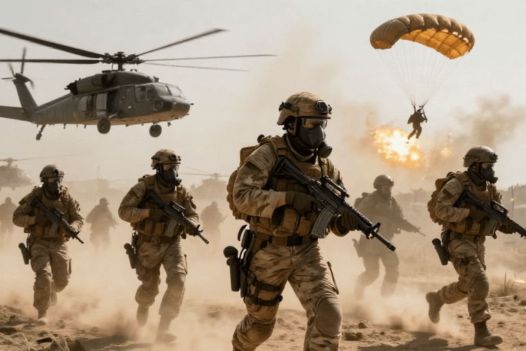 战场素材：战火纷飞：全副武装士兵与黑鹰直升机的震撼瞬间