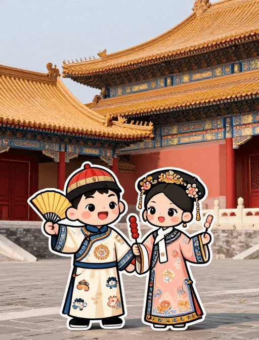 古风素材：古风红墙下的卡通双人：故宫奇幻邂逅