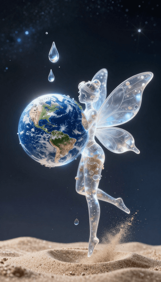 超现实插画素材：沙晶仙女凝视流泪的地球，宇宙泪光飘散