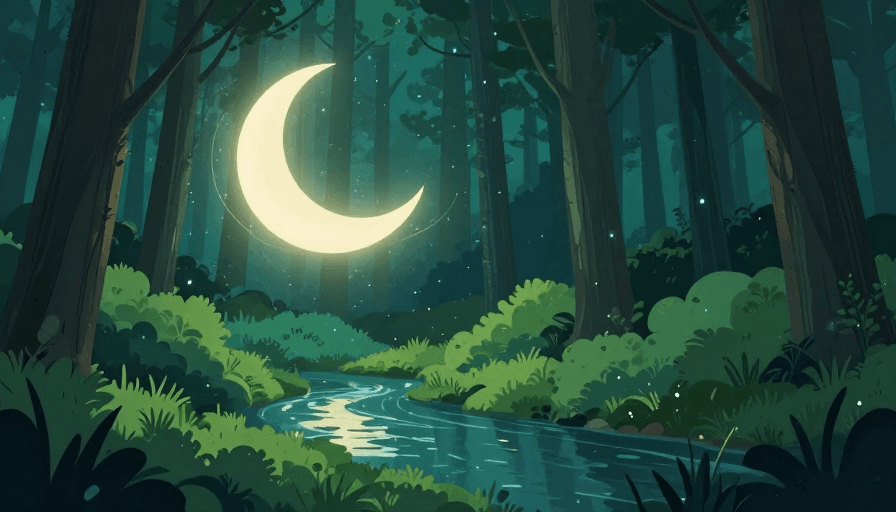 纹理细节素材：梦幻青绿森林夜景插画，月光魔法点缀