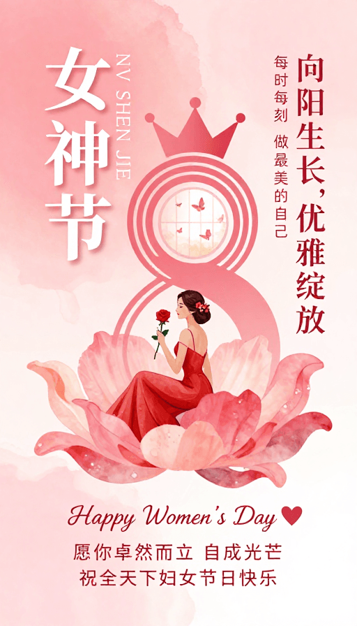 优雅风格素材：粉色水彩女神节海报：柔美优雅展现女性力量