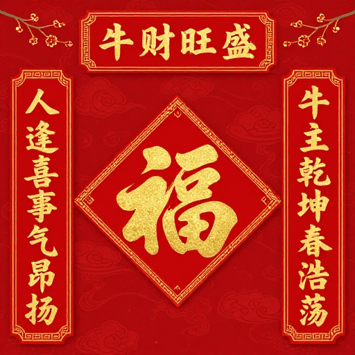 春节素材：金红牛财图：传统新年对联设计