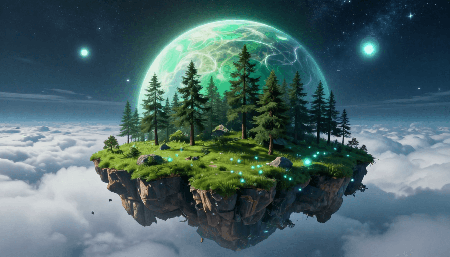 高清摄影素材：梦幻悬浮岛屿：青绿星球与荧光微粒的奇幻之境