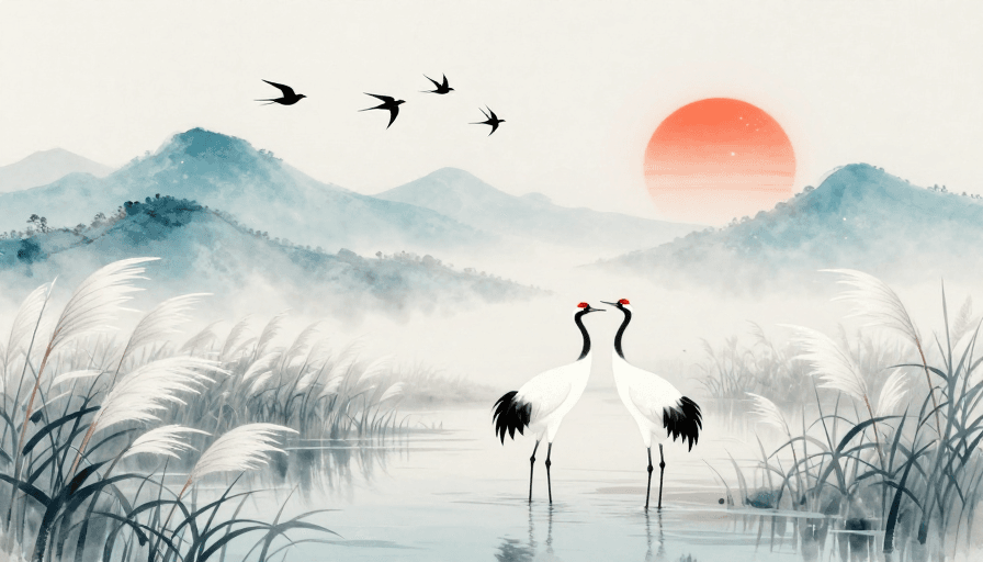 水墨插画素材：水墨淡雅山峦落日图：丹顶鹤静立芦苇间
