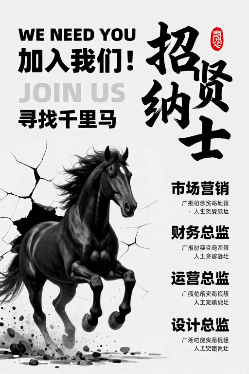 黑白灰调素材：极简风东方书法招聘海报：千里马破墙而出