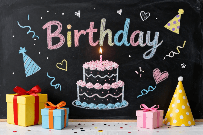 温馨场景素材：生日庆祝：黑板手绘蛋糕与温馨派对礼盒
