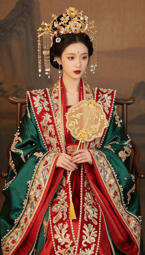 传统美学素材：古典美学：红绿配色的黄金婚服艺术摄影