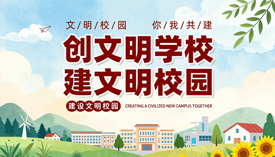 校园与自然素材：清新扁平插画风格的创文明校园公益宣传海报