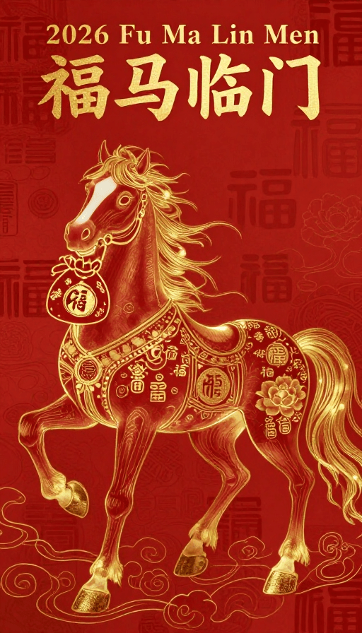 国潮艺术素材：衔福吉马国风插画：祥瑞吉祥的金色艺术