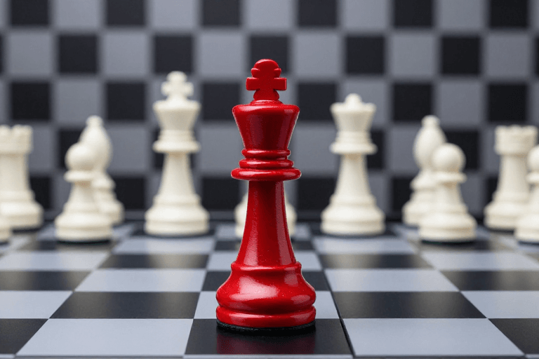 战略象征素材：红棋对峙黑白棋盘：冷峻战略与领导力的象征