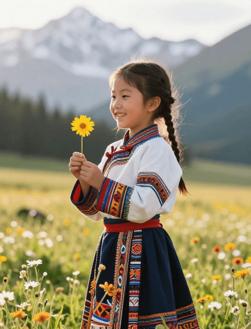 民族服饰素材：藏族少女草原晨姿：金辉中的纯真笑脸