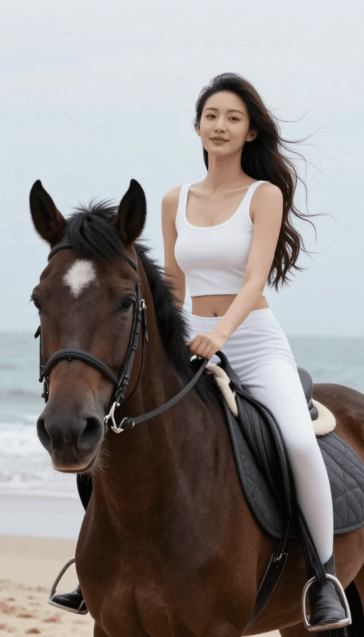 户外摄影素材：海边骑马的美人：自然与优雅的完美融合