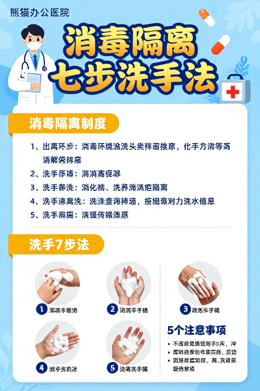 医疗海报素材：清新专业消毒指南：七步洗手法与隔离制度