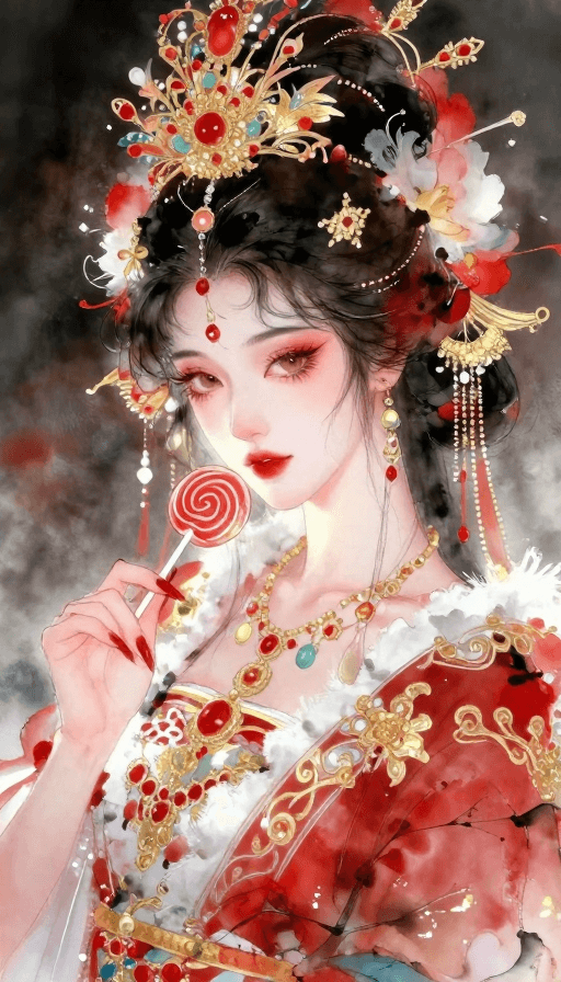 光影对比素材：华丽国色天香水墨女神：红白金调棒棒糖特写