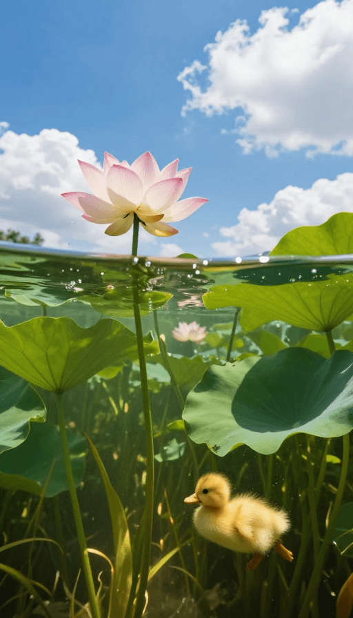 水下摄影素材：夏日荷塘光影：水下绿植与游鸭的生动瞬间