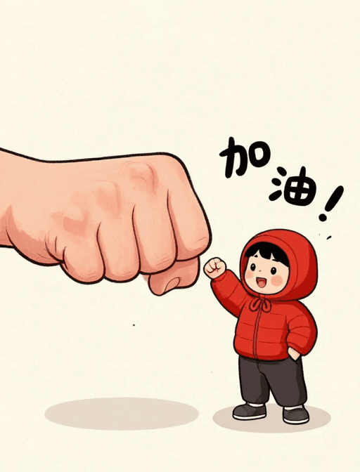 漫画风格素材：卡通加油插画：红衣孩童触碰巨拳，激励向前冲