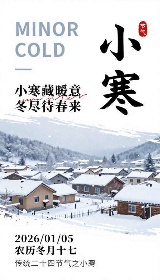 节气海报素材：极简小寒节气海报，清冷静谧的雪意冬日氛围