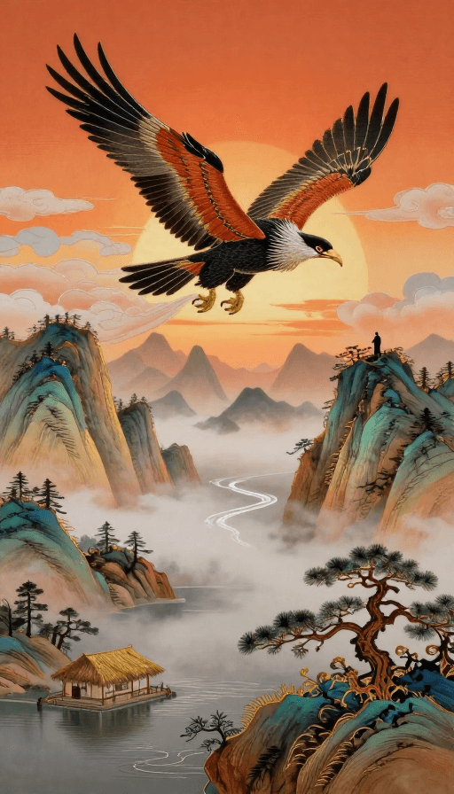 超高清细节素材：东方秋色巨鹏破晓，水墨光影中的神雕腾跃